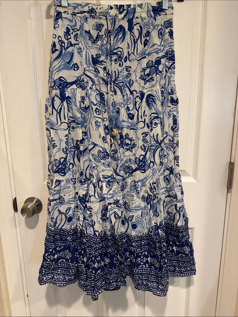 Small Zara Blue and White Floral Tiered Maxi Skirt